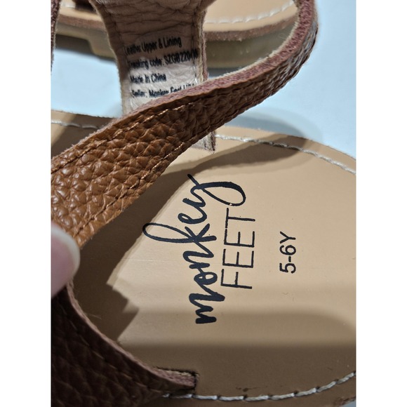Monkey Feet Girls Brown Braided Leather T Strap Sandals Size 5 6Y - Picture 2 of 5